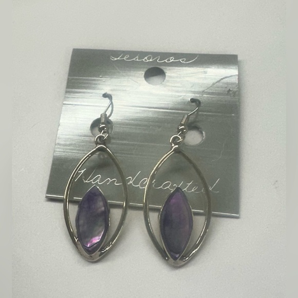 Vintage Taxco Mexican Alpaca Purple Abalone Teardrop Earrings - Picture 4 of 4